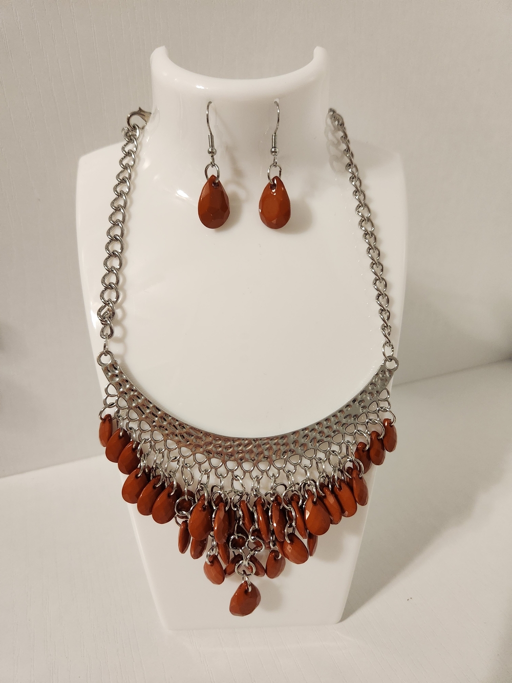 Brown Rust Color And Silver Teardrop Statement Necklace & Earring Set